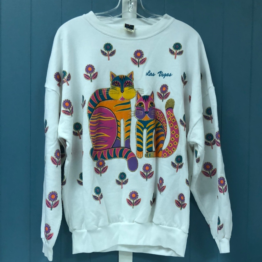 Vintage Art Paint all over cats and daisies gold colorful women’s sweatshirt‎ OS - Picture 2 of 9
